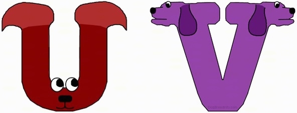 A drawn picture of a dogs that are also the letters U and V