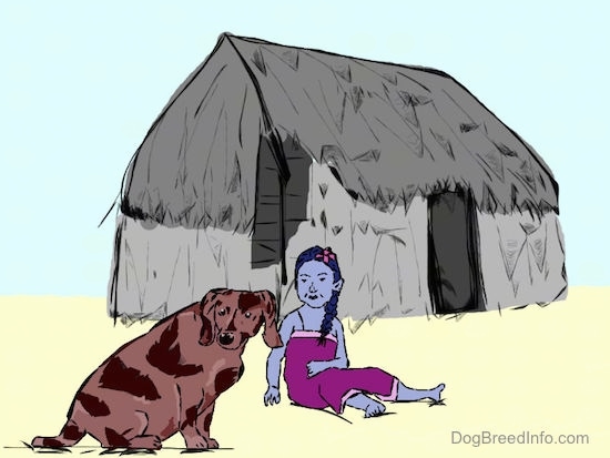 A drawn picture of a Hawaiian Poi dog sitting next to a girl and a house