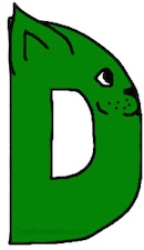 A green drawn letter D that also looks like a dog