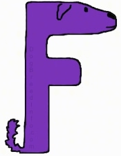 A purple drawn letter F that also looks like a dog