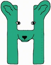 A green drawn letter H that also looks like a dog