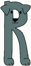 A greenish-gray drawn letter R that also looks like a dog