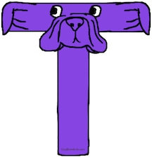 A bright purple drawn letter T that also looks like a dog