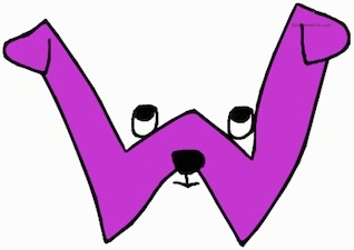 A purple drawn letter W that also looks like a dog