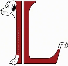 A drawn picture of a dog that is also the letter L