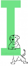 A drawn dog is hanging at the base of the capital letter I