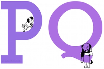 A drawn dog is climbing the circular part of a drawn letter P with another drawn dog hanging off of the descender part of the capital letter Q