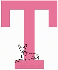 A drawn dog is laying at the base of a drawn capital letter T