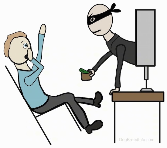 A drawn image of a burgular wearing a black mask popping out of a computer screen with a cup with money in his hand asking for more. There is a person in front of the burgular in a chair falling back covering his mouth with his hand in surprise.