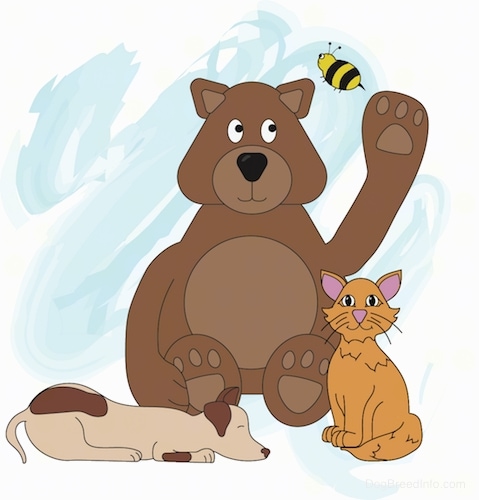A drawn image of a brown bear a dog, cat and a bee flying over the bear's head.