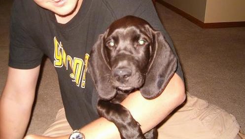 A man holding a black large breed puppy with wide long soft looking drop ears, a big black nose in his arm while sitting Indian style on the floor.