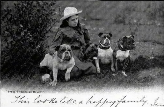 A black and white photo of Four bulldogs that are sitting in front of a lady, out in a field.