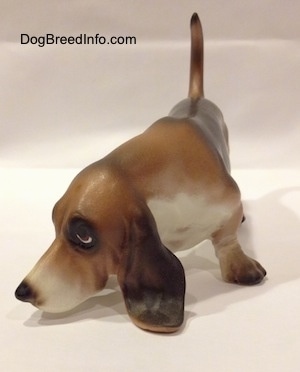 A brown and black with white porcelain Basset Hound figurine that is sniffing. The figurine is painted well.