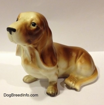 The front right side of a brown and white porcelain Basset Hound figurine. The figurine has great eye details.