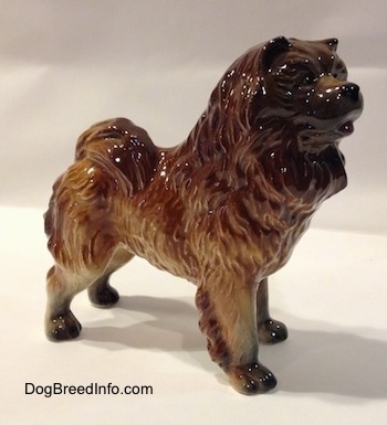 The front right side of a porcelain brown with black Chow Chow figurine. The paws of the figurine are black paws.