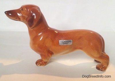 The left side of a brown Dachshund figurine in a standing pose. The figurine has a sticker on it and the sticker reads - Dachshune 'Fritz'.