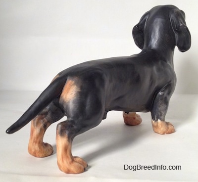 The back right side of a black with tan Dachshund figurine. The figurine has a medium sized tail.