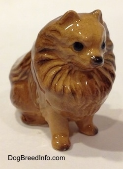 The front right side of a brown Pomeranian sitting figurine. The figurine has black circles for eyes and a nose.