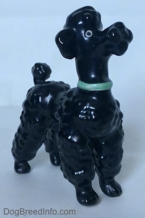 The front right side of a figurine of a black Poodle with a green collar. The figurine is looking up and to the right.