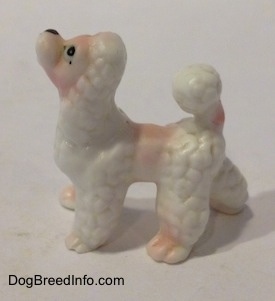 The left side of a figurine of a bone china Poodle puppy. It is hard to differentiate the ears from the head and body of the figurine.