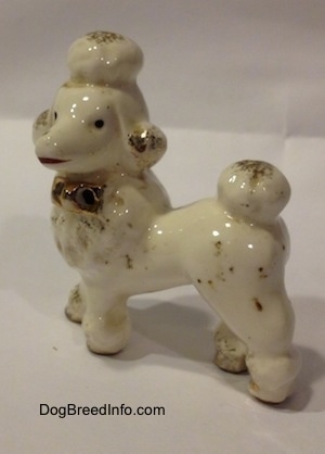The back left side of a figurine of a porcelain Poodle. The figurine has a poof of a tail and it has gold on it.