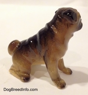 The right side of a brown with black figurine of a brown with black miniature Pug seated. The figurine is very glossy.