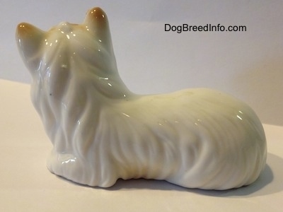 The left side of a white bone china figurine of a Silky Terrier lying down. The tip of the figurines ears are tan.