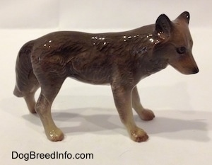 The right side of a brown with tan Wolf standing figurine. The figurine has long legs.